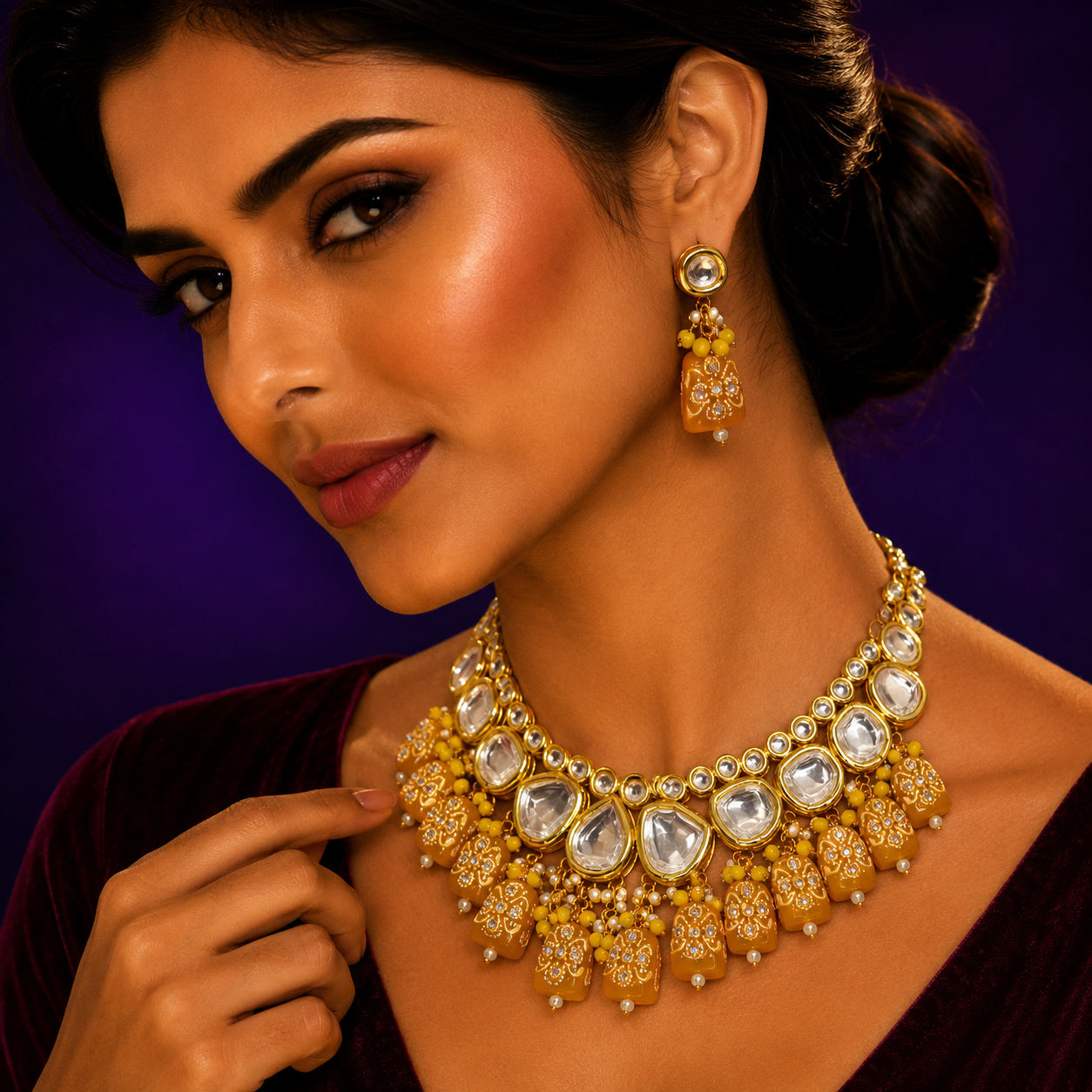 HANDPAINTED YELLOW TUMBLE KUNDAN JAIPURI  NECKLACE