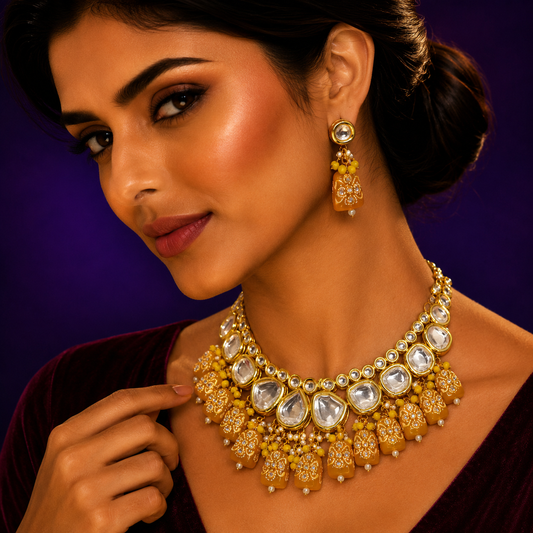 HANDPAINTED YELLOW TUMBLE KUNDAN JAIPURI  NECKLACE