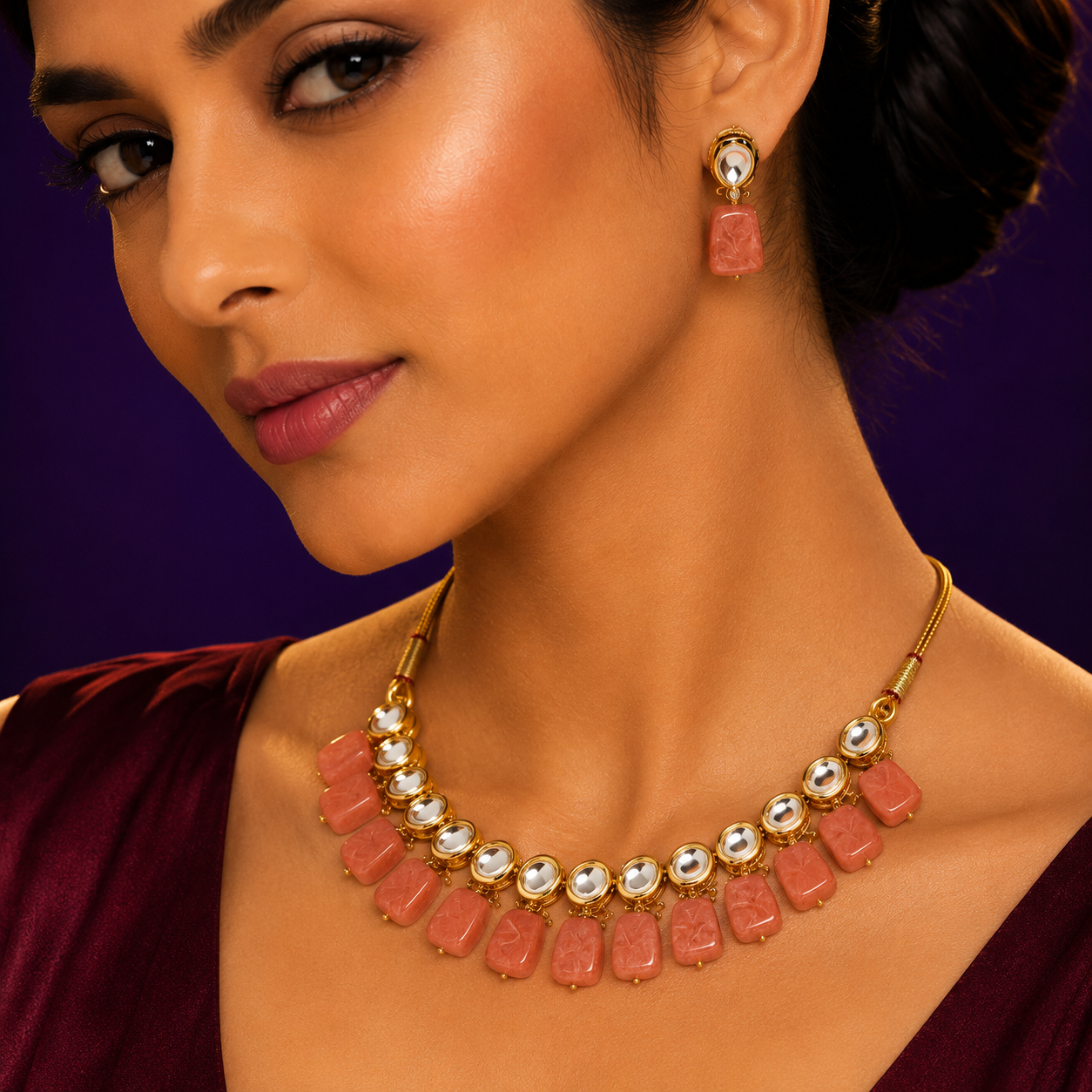 Jaypore Kundan neckklace with backside meenakari in orange stones