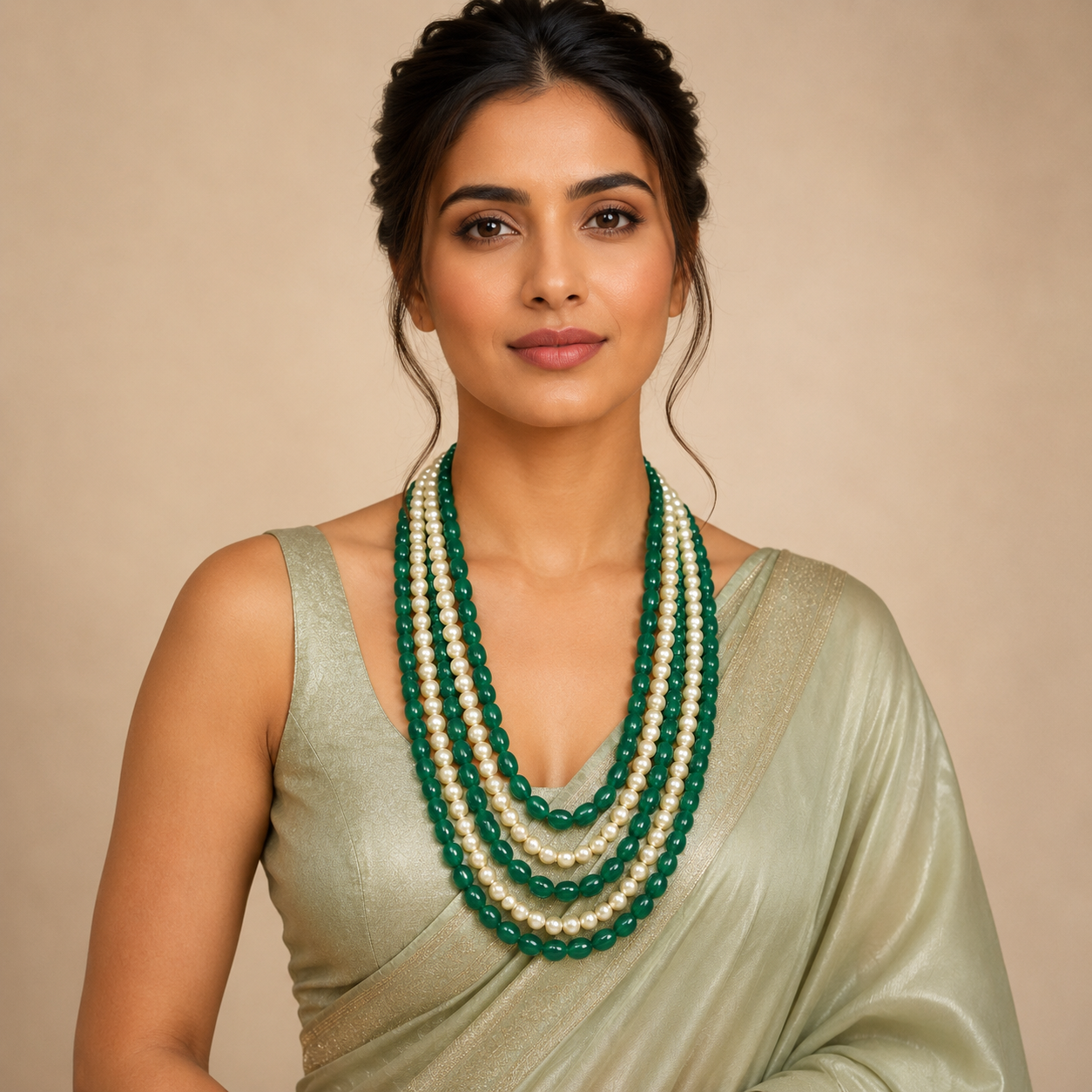 Ruksana five layered emerald and pearl mala for women