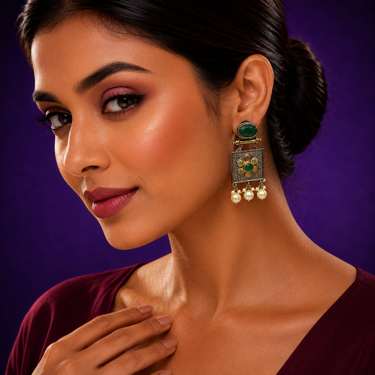 Sanvi Silver Look Alike Emerald Stone  Earings For Women