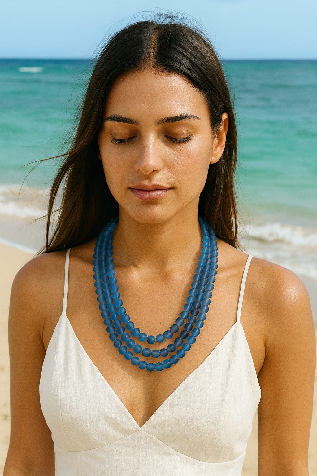 BLUE MISTICK ONYX BEADS THREE LAYER MALA FOR WOMEN