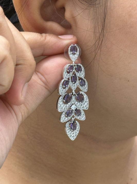 Leafy Pattern CZ with Stone Purple Earring