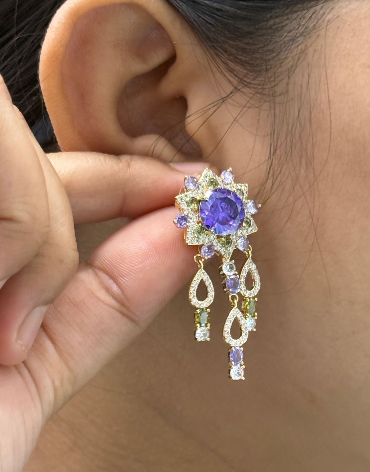 Doublet Floral With CZ Hanging Earrings