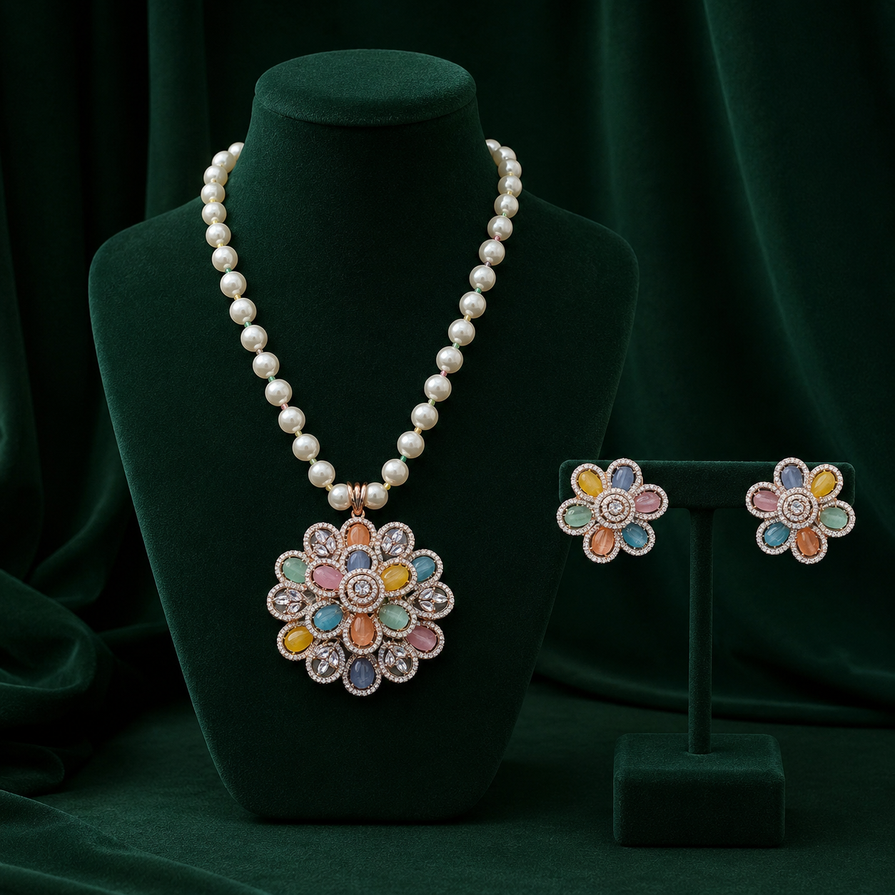 Multicolor Stone Floral Pendant & studs Set with Pearl Beaded Chain