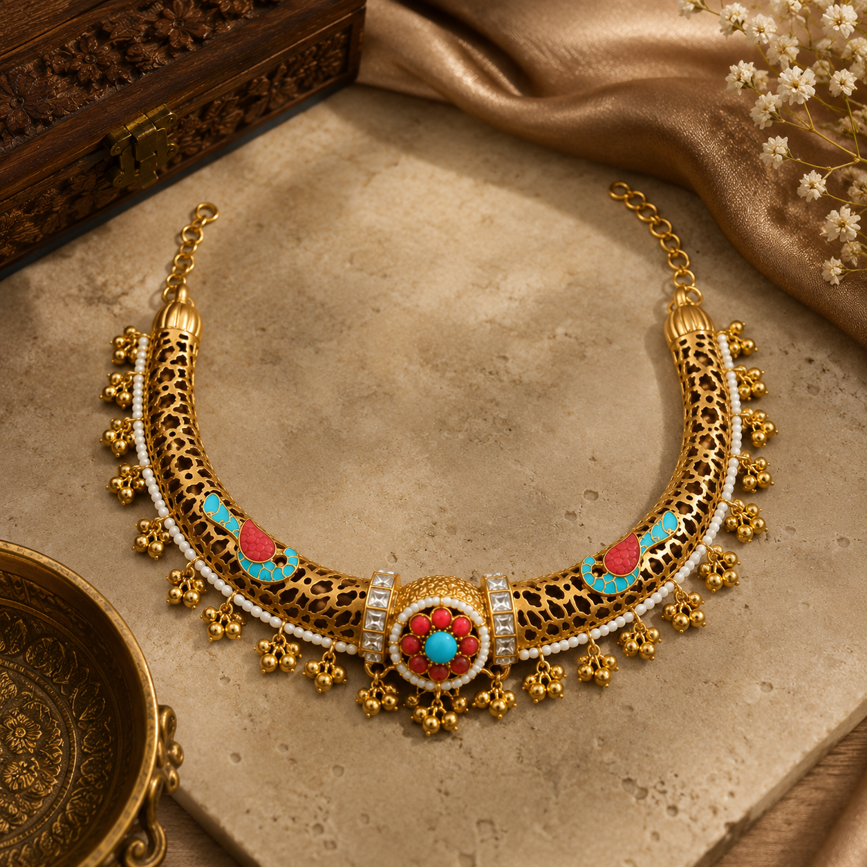 South indian gold and carved stone from Amrapali inspired collection in brass gold polish haslo for women