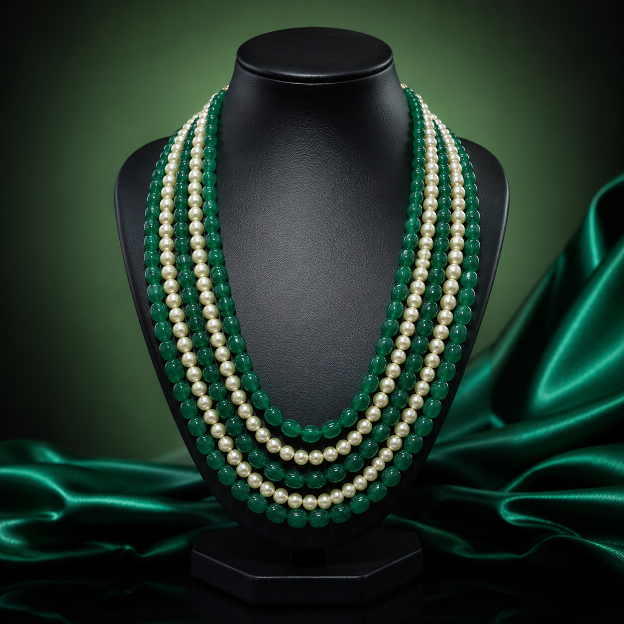 Ruksana five layered emerald and pearl mala for women