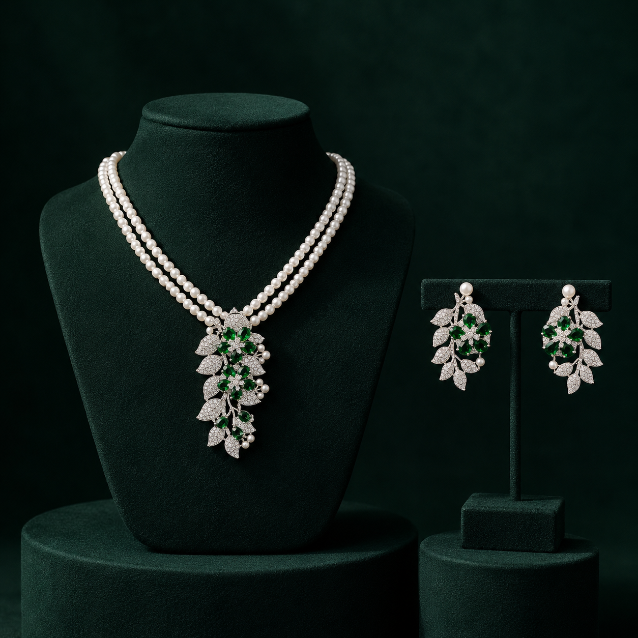 Tanya  Emerald Pendent Set In Double Layered Beaded Mala For Women