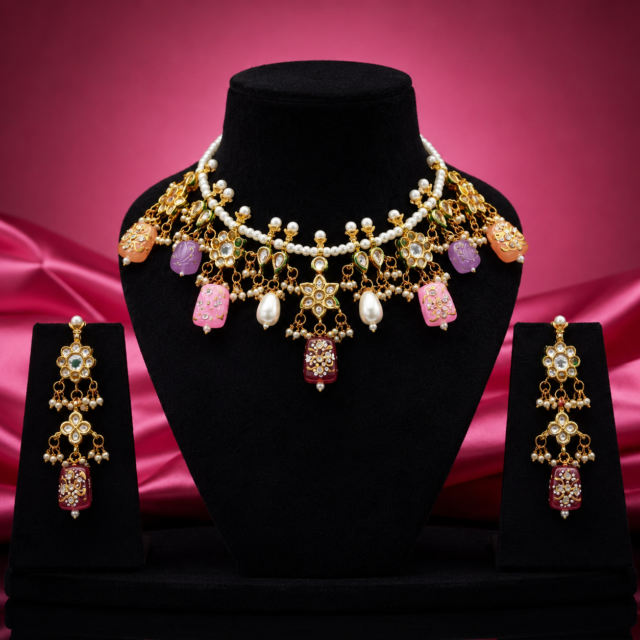 Tanjore handpainted tumble jaipuri necklace for women