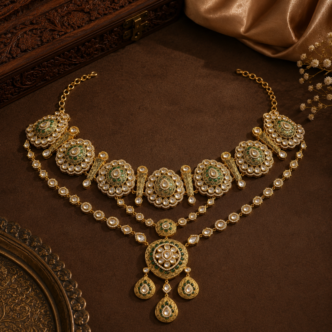 Meera choker and long necklace with earrings and tikka for women , perfect for Indian weddings and grand celebration