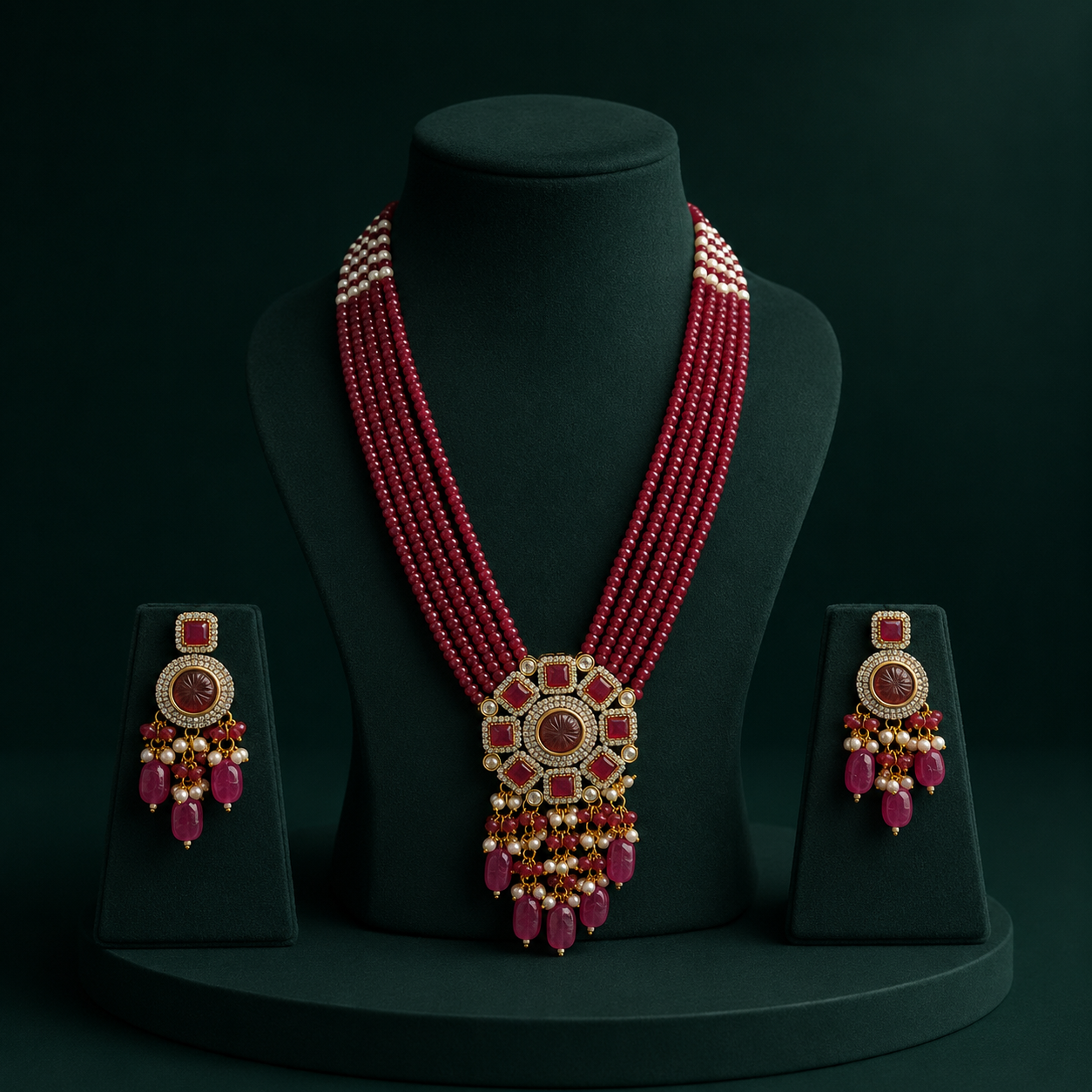 Drishti Carved Stone Broach Multi Layered Mala Necklace In Ruby Drop For Women