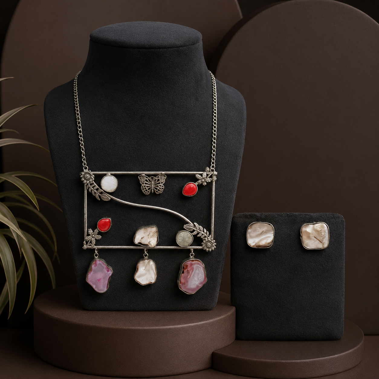 Medha Multi colored Silver Look Alike Necklace Set In  Duzy Stones For Women