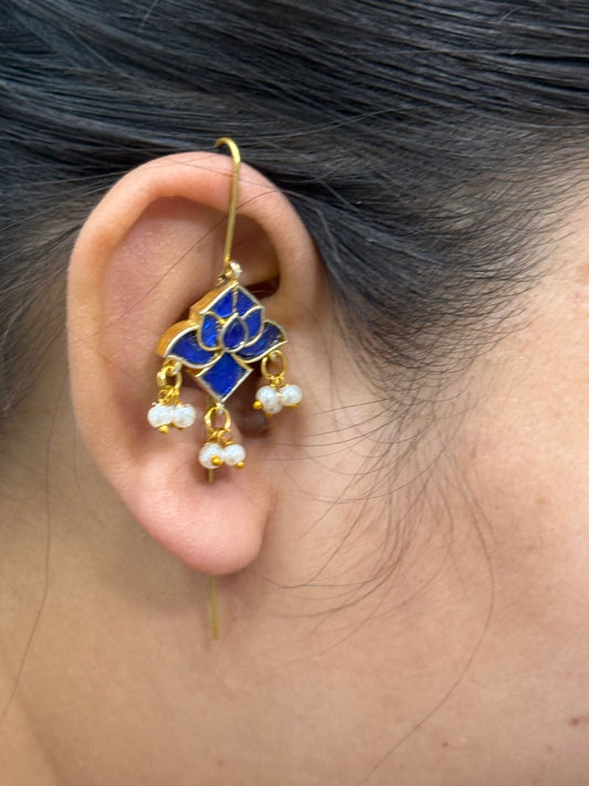 Ethnic Lotus Kundan Blue Earcuff