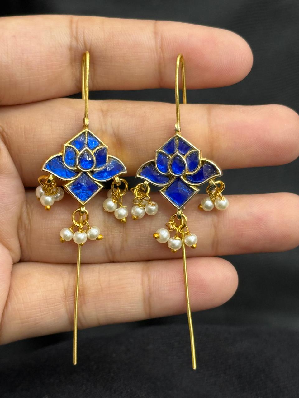 Ethnic Lotus Kundan Blue Earcuff