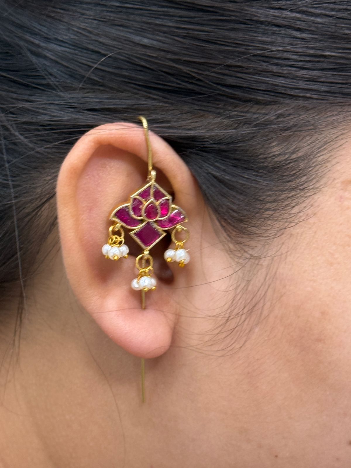 Ethnic Lotus Kundan Ruby Earcuff