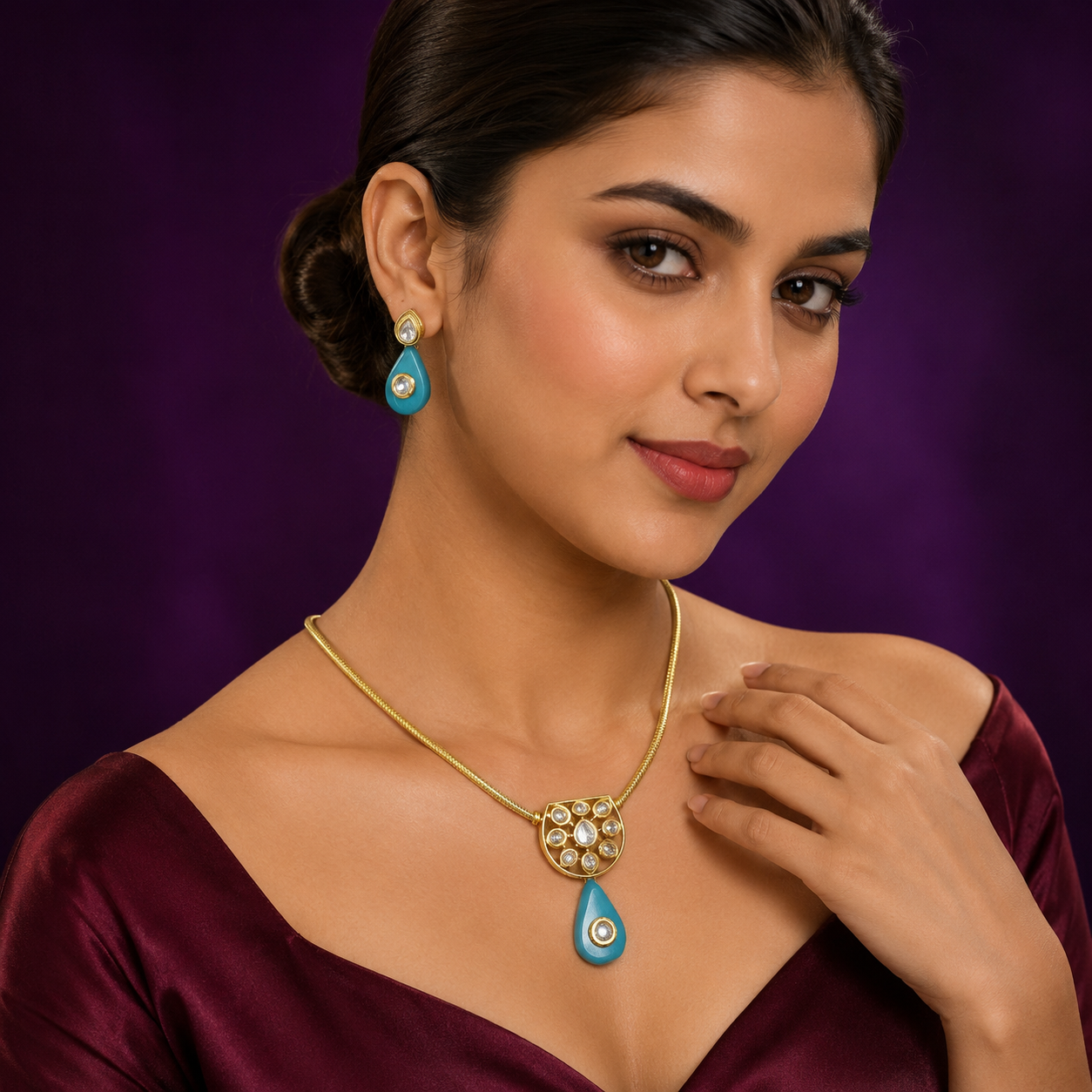 Ziva Triangle kundan hasli in Ice Blue for women