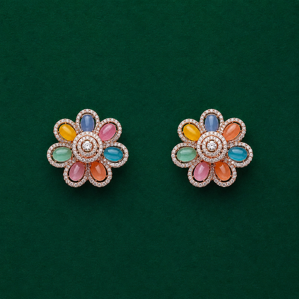 Multicolor Stone Floral Pendant & studs Set with Pearl Beaded Chain