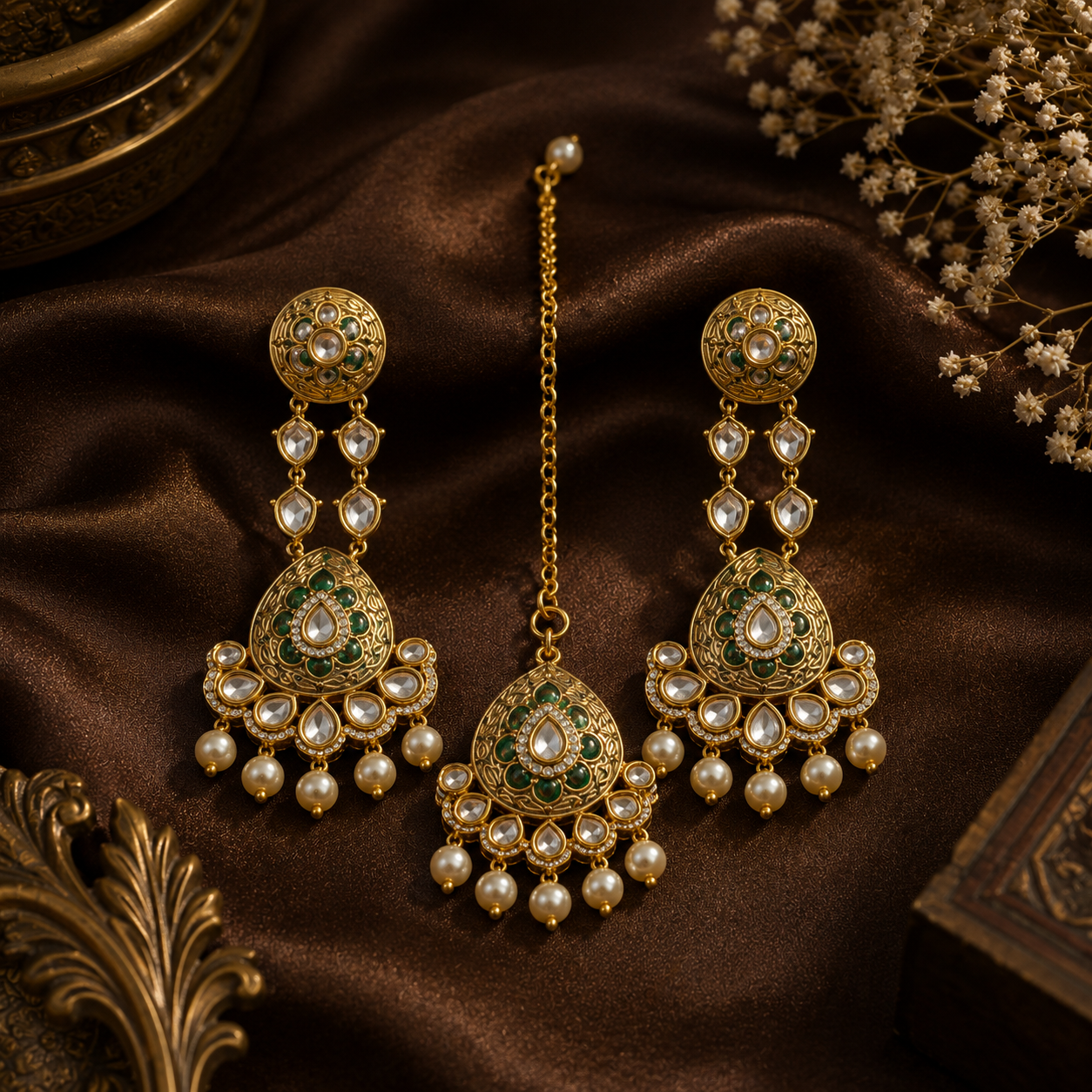 Meera choker and long necklace with earrings and tikka for women , perfect for Indian weddings and grand celebration