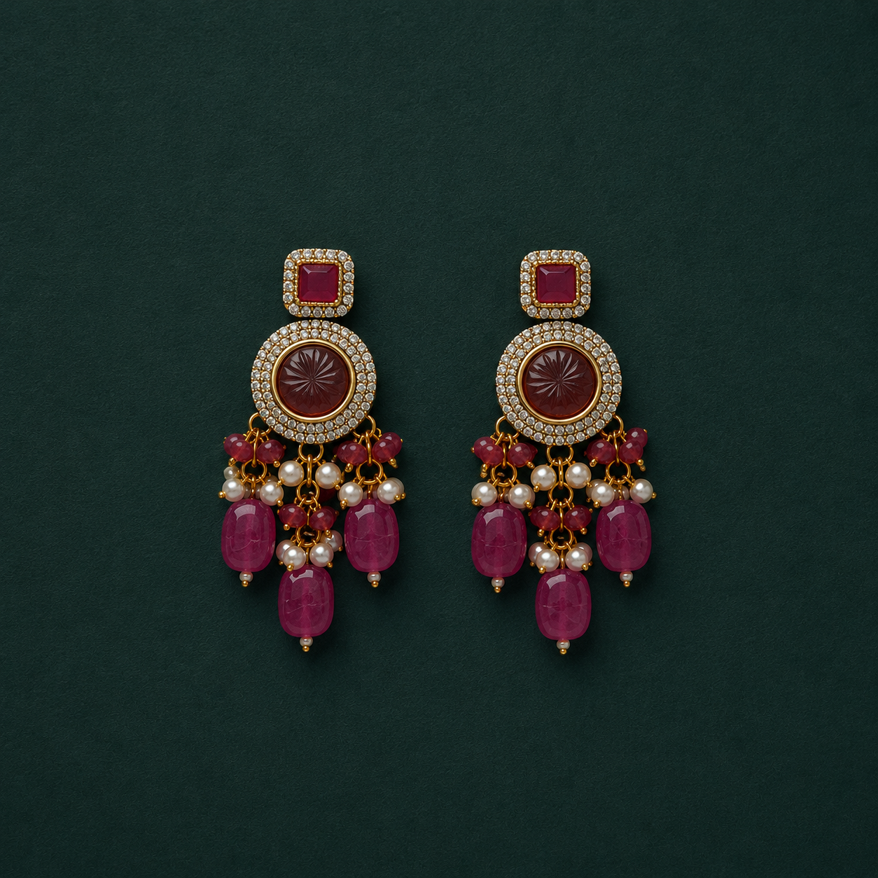 Drishti Carved Stone Broach Multi Layered Mala Necklace In Ruby Drop For Women