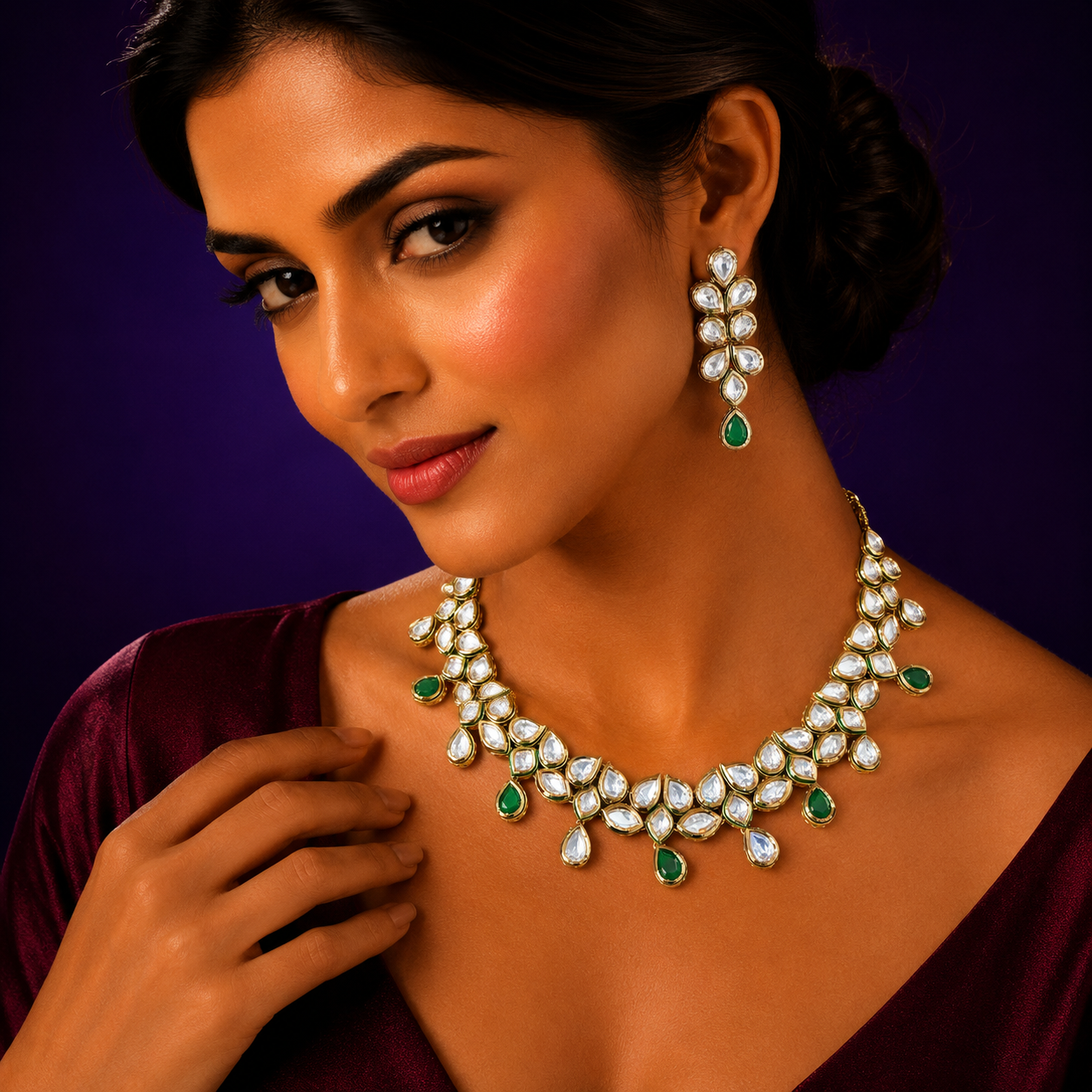Meenakari Beautiful Kundan Necklace in green for woman