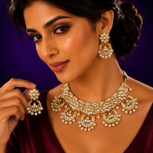 Premium kundan necklace with chanbalis with same earrings for women