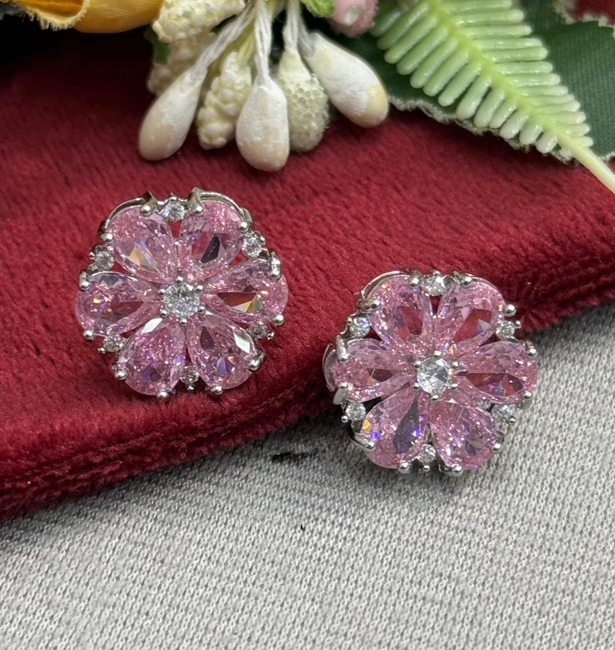 Pink Blossom Cubic Zirconia Flower Studs