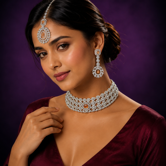 AMEERA AMERICAN DIAMOND BRIDAL CHOKER WIITH TIKKA