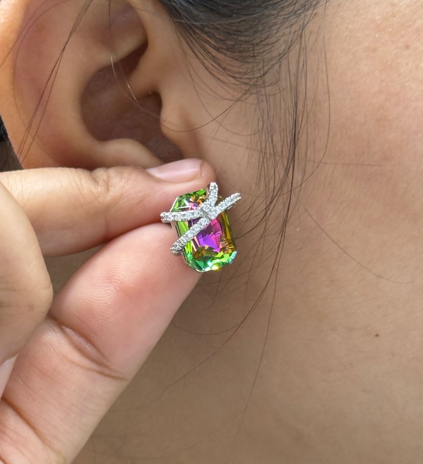 Elegant Rainbow Crystal Ribbon Studs