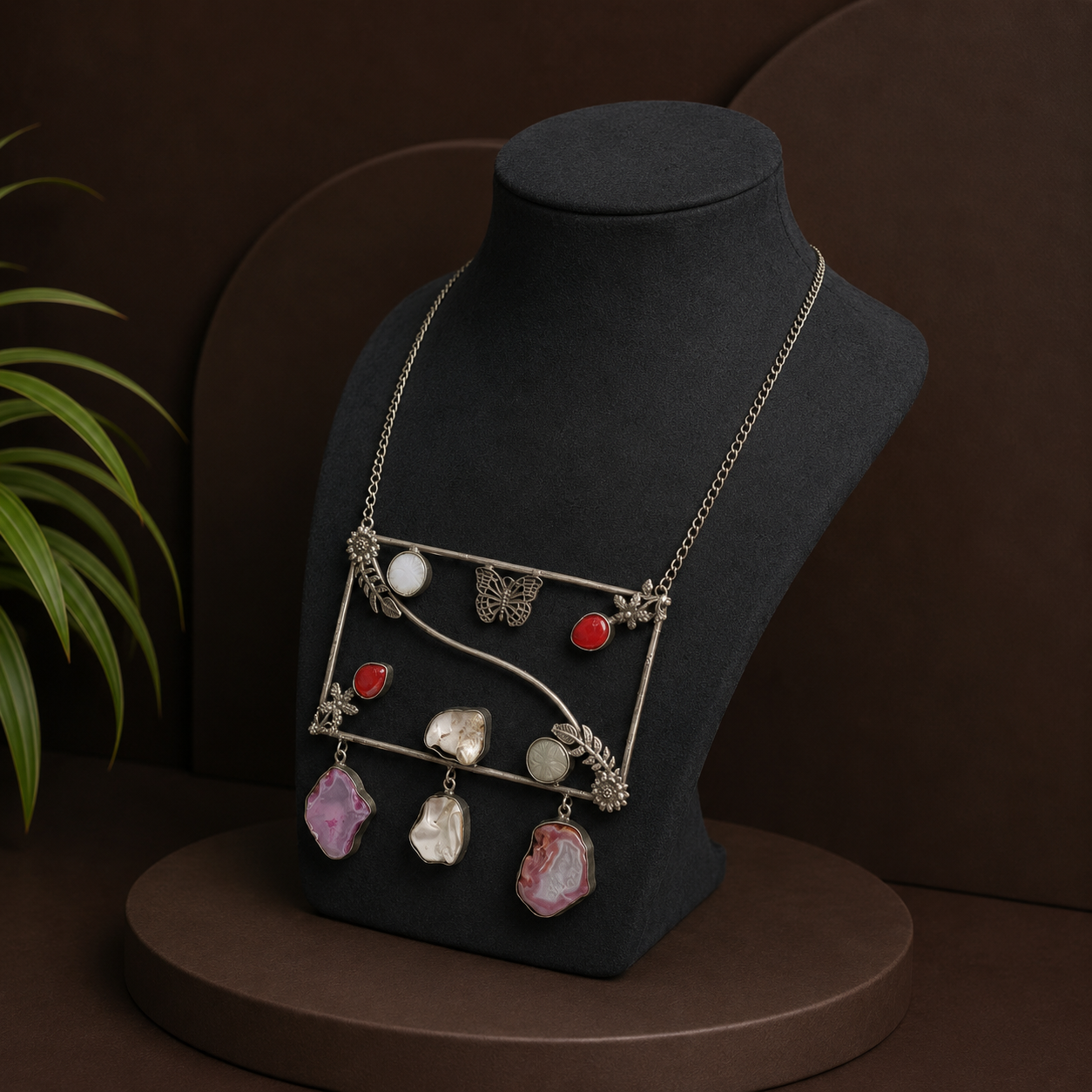 Medha Multi colored Silver Look Alike Necklace Set In  Duzy Stones For Women