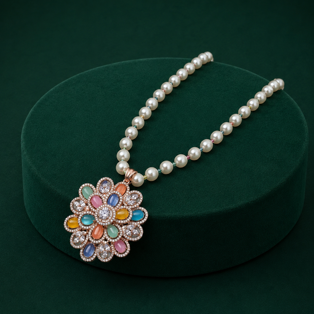 Multicolor Stone Floral Pendant & studs Set with Pearl Beaded Chain