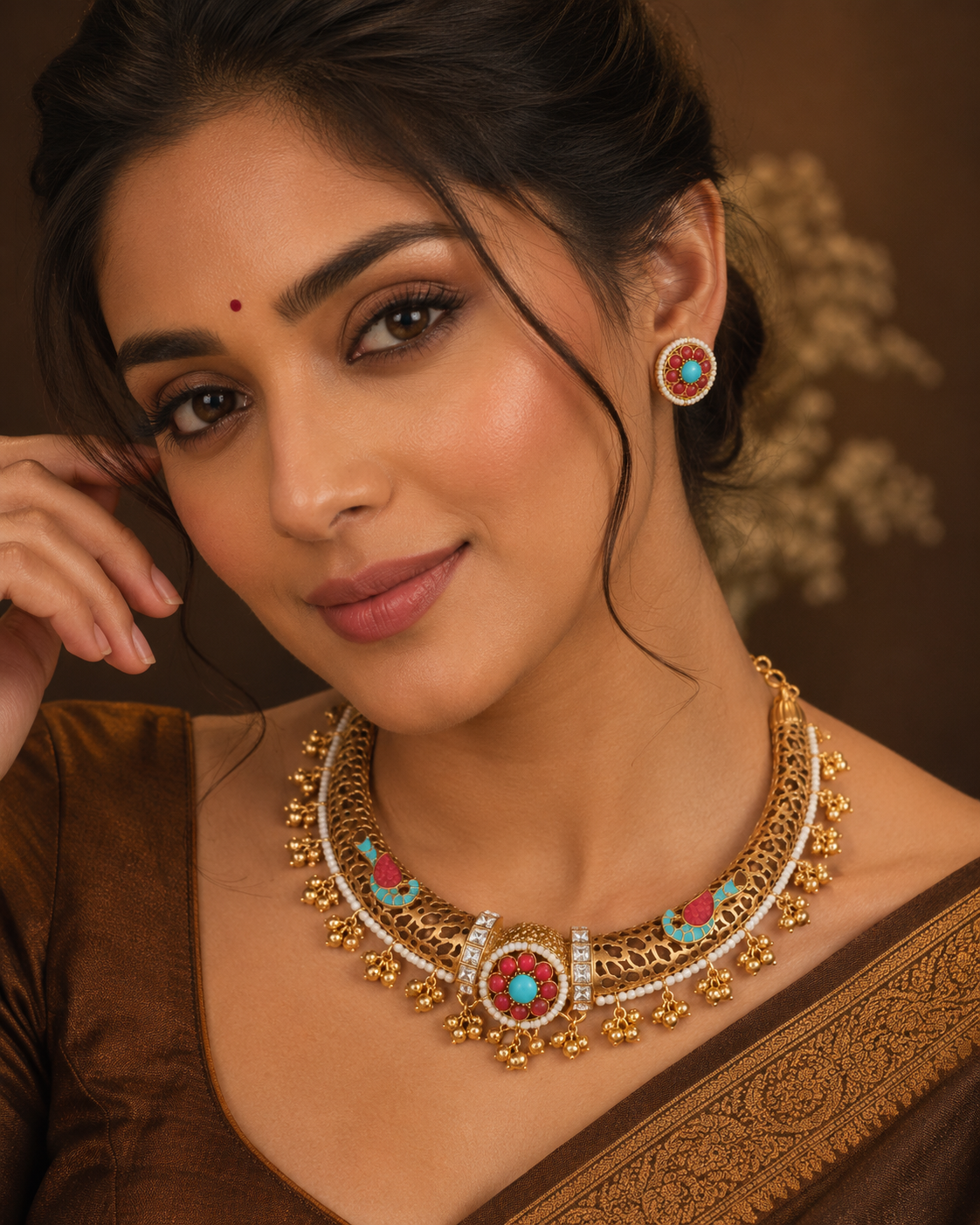 South indian gold and carved stone from Amrapali inspired collection in brass gold polish haslo for women