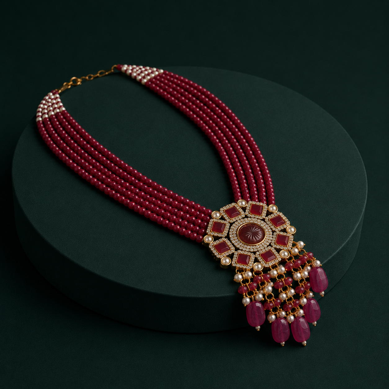 Drishti Carved Stone Broach Multi Layered Mala Necklace In Ruby Drop For Women