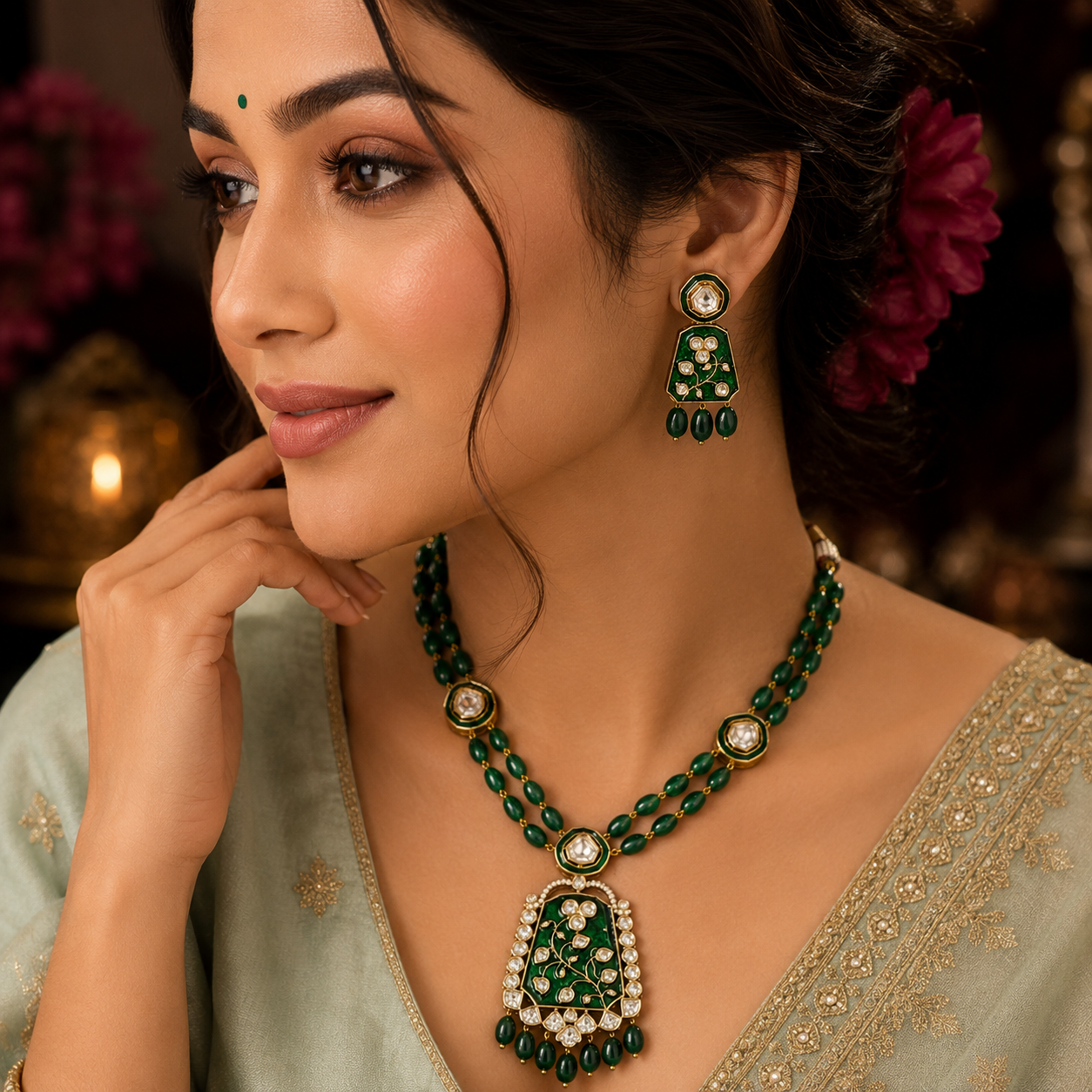 Long Meenakari With Kundan Green Necklace