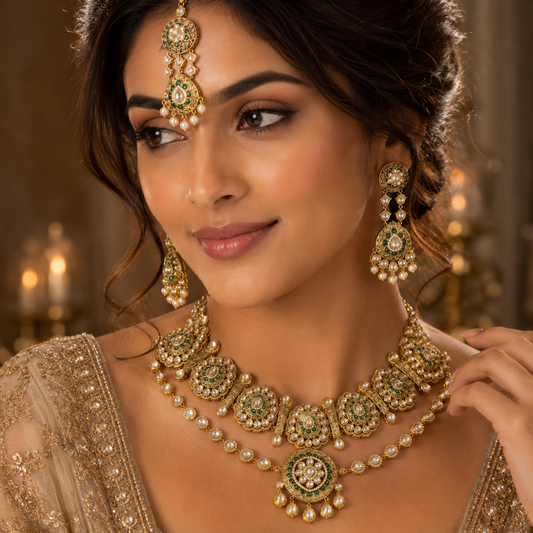 Meera choker and long necklace with earrings and tikka for women , perfect for Indian weddings and grand celebration