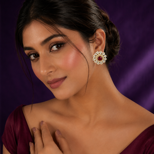 SUNFLOWER MOSSANITE WITH PEARLS STUDS IN RED FOR WOMEN