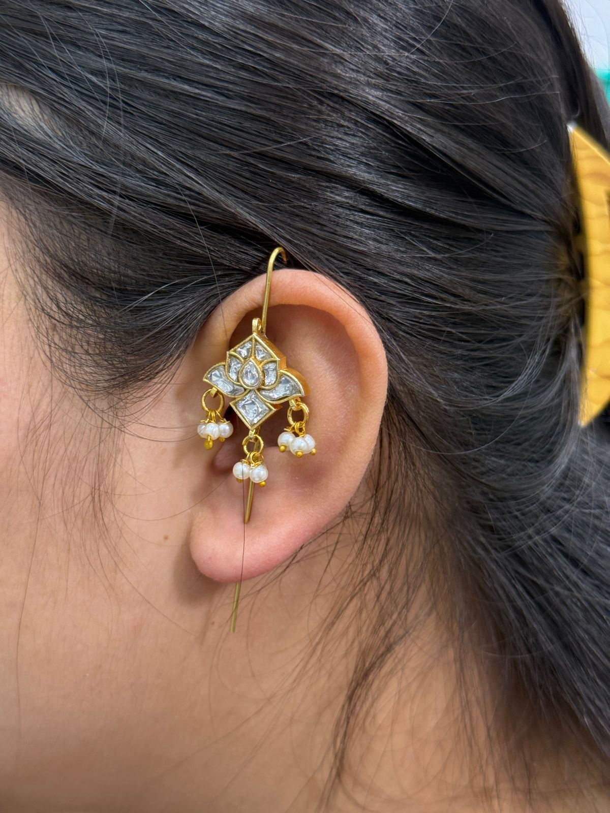 Ethnic Lotus Kundan White Earcuff