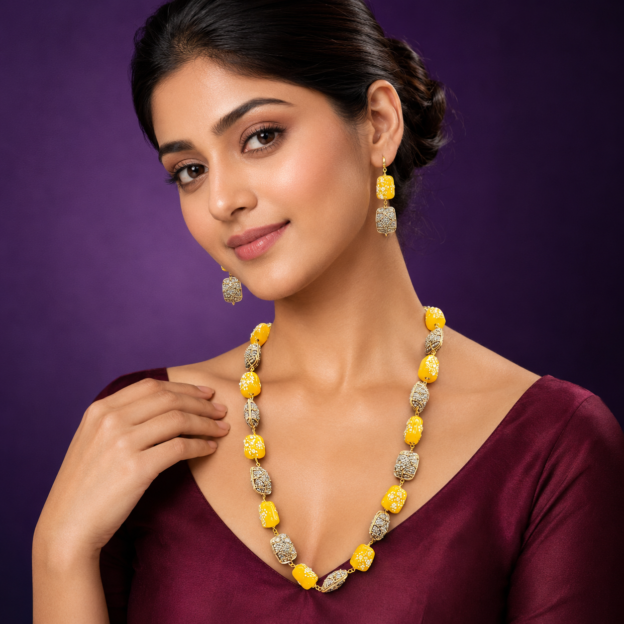 JAIPURI TUMBLES  WITH TURKISH BALLS MALA IN YELLOW FOR WOMEN