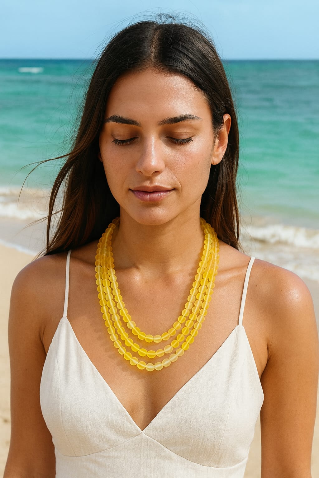 YELLOW MISTICK ONYX BEADS THREE LAYER MALA FOR WOMEN