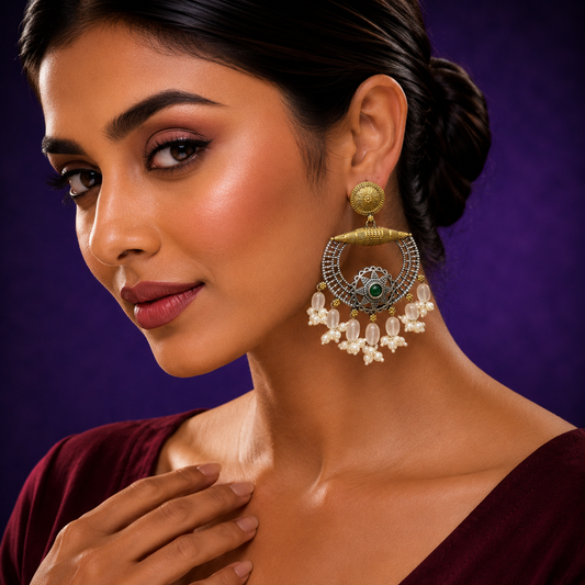 Sandhi Gold Plated Silver Look Alike In Emerald And Water Drops Earings For Women