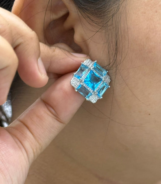 Aqua Princess Cut Statement Studs