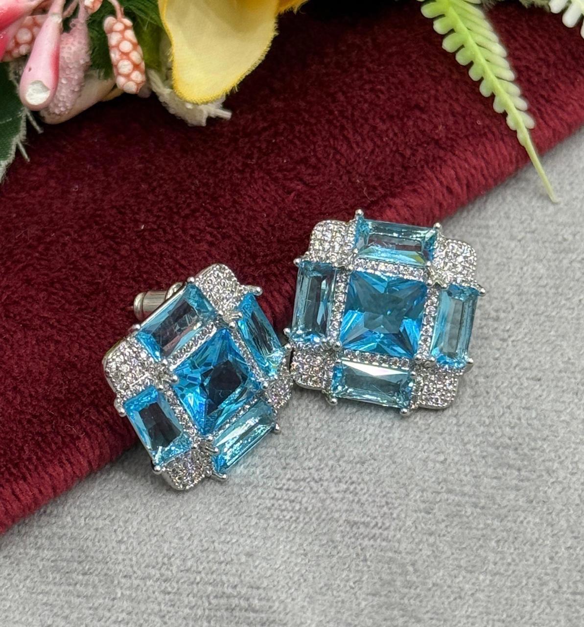 Aqua Princess Cut Statement Studs