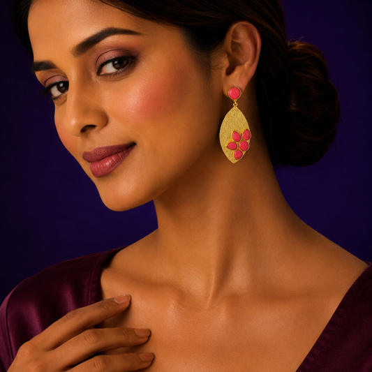 golden and teal brass light weight red earring for woman