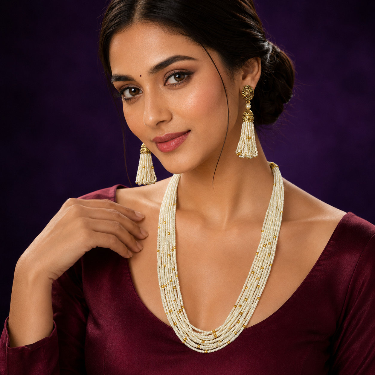 Rice beaded mal with golden rice beads with haning earrings for women