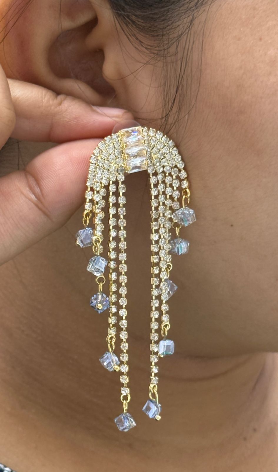 Long Trendy CZ Earring In Golden Finish