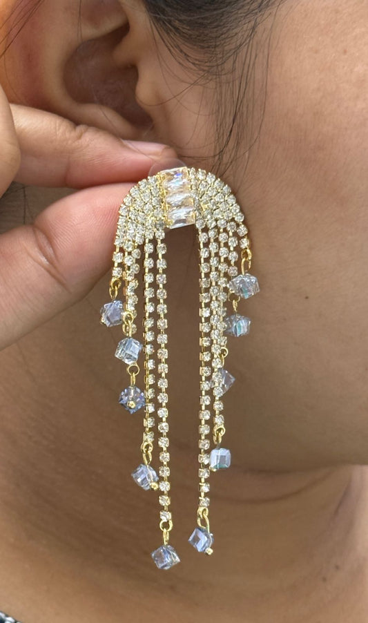 Long Trendy CZ Earring In Golden Finish