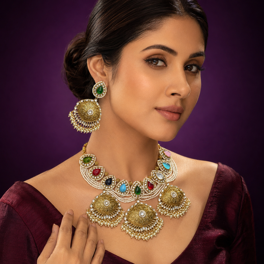 Golden tone with kundan necklace with earrings for women