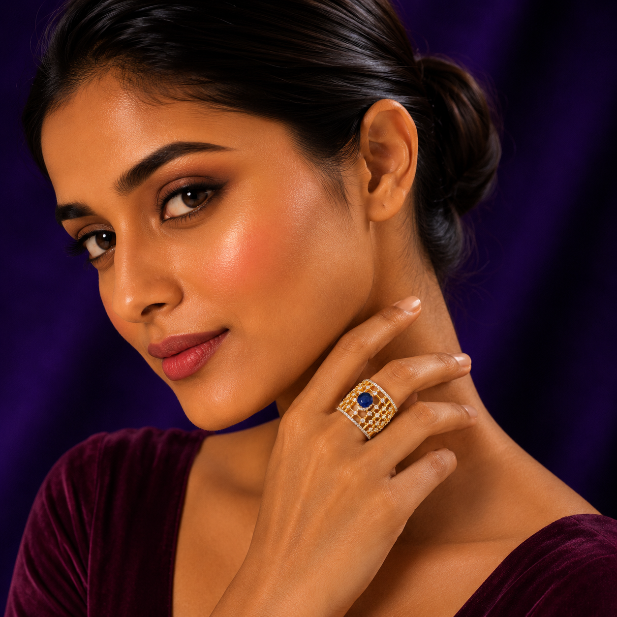 Cocktail With Zircon Golden Polish  Blue Ring