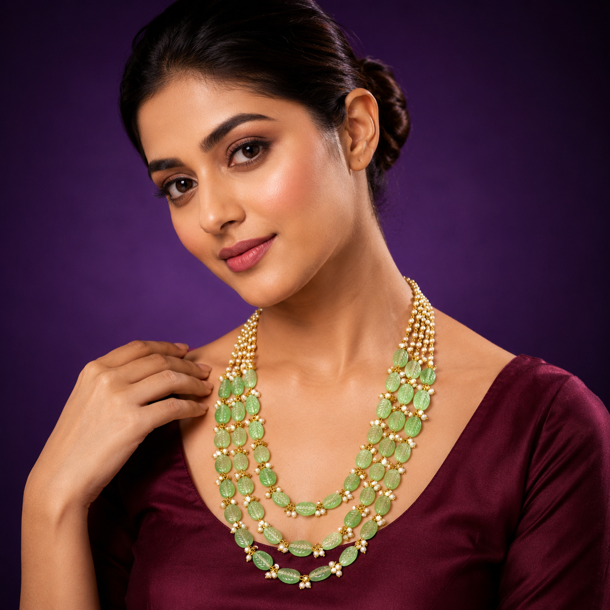 Samira Triple Layered Carved Stone Mala In Mint for Women