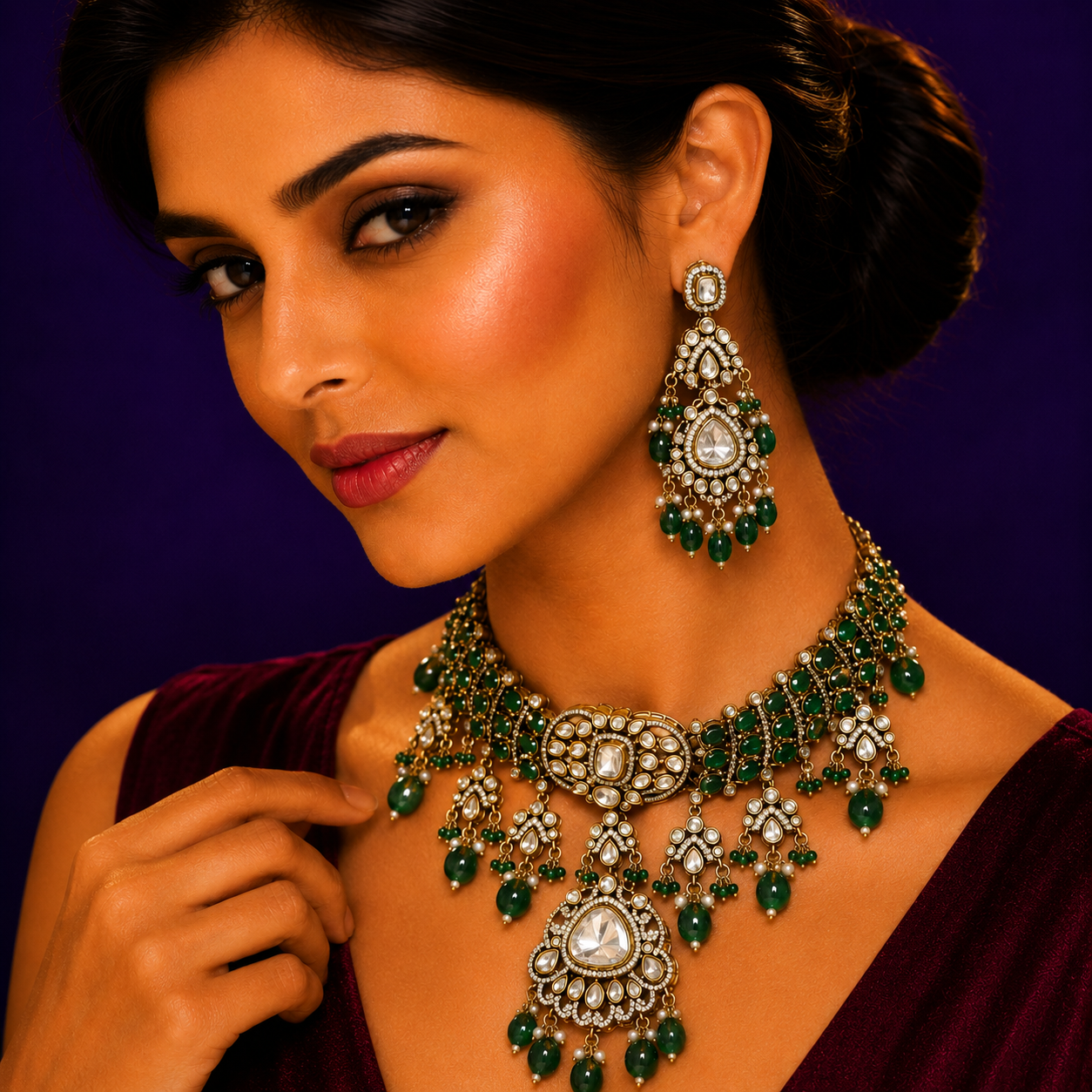 Bridal Necklace With Doublet Stone In Green For Women