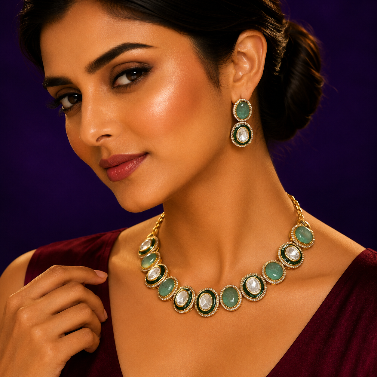 Polki With Doublet Stone Choker In Mint For Women